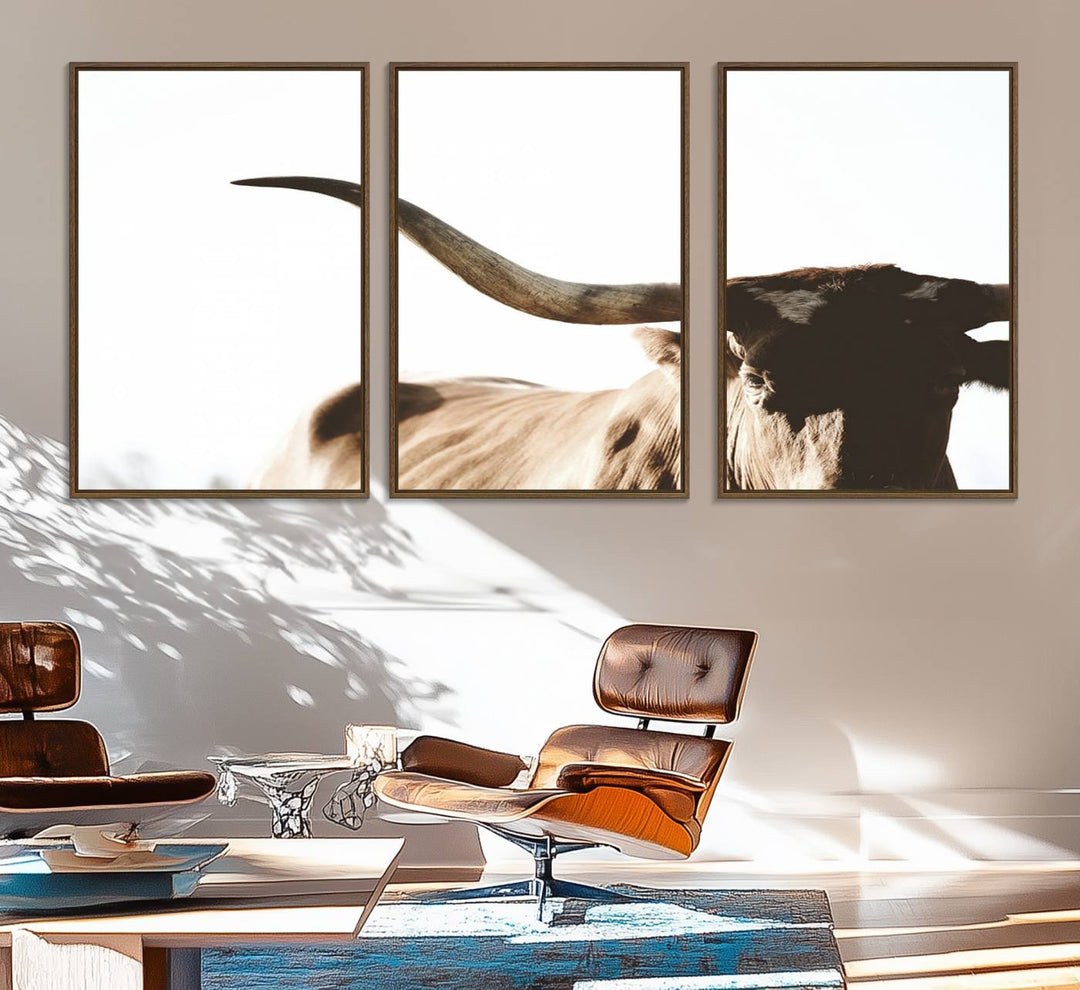 A 3-panel Texas Longhorn canvas adds a touch of rustic Western decor.