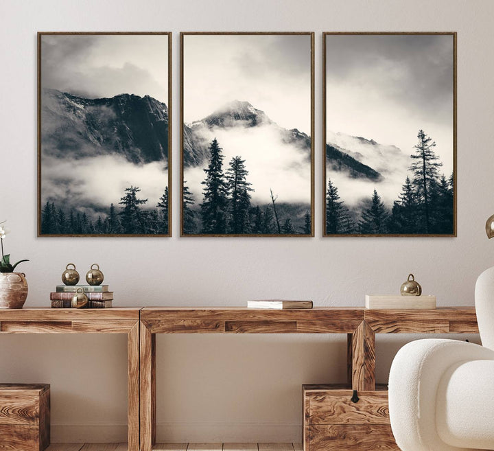 Forest Mountain Print - Black and White Canvas.