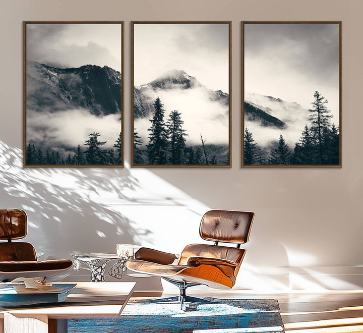 A large foggy mountain forest canvas print hangs prominently in the room.