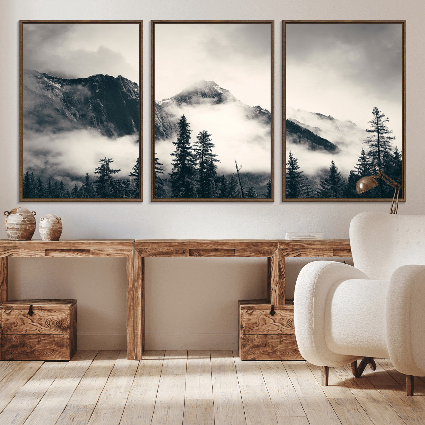 MGV-FC-60X30-3P - Large Foggy Mountain Forest Wall Art Canvas Print | Misty Mountain Peaks and Pine Trees Print |