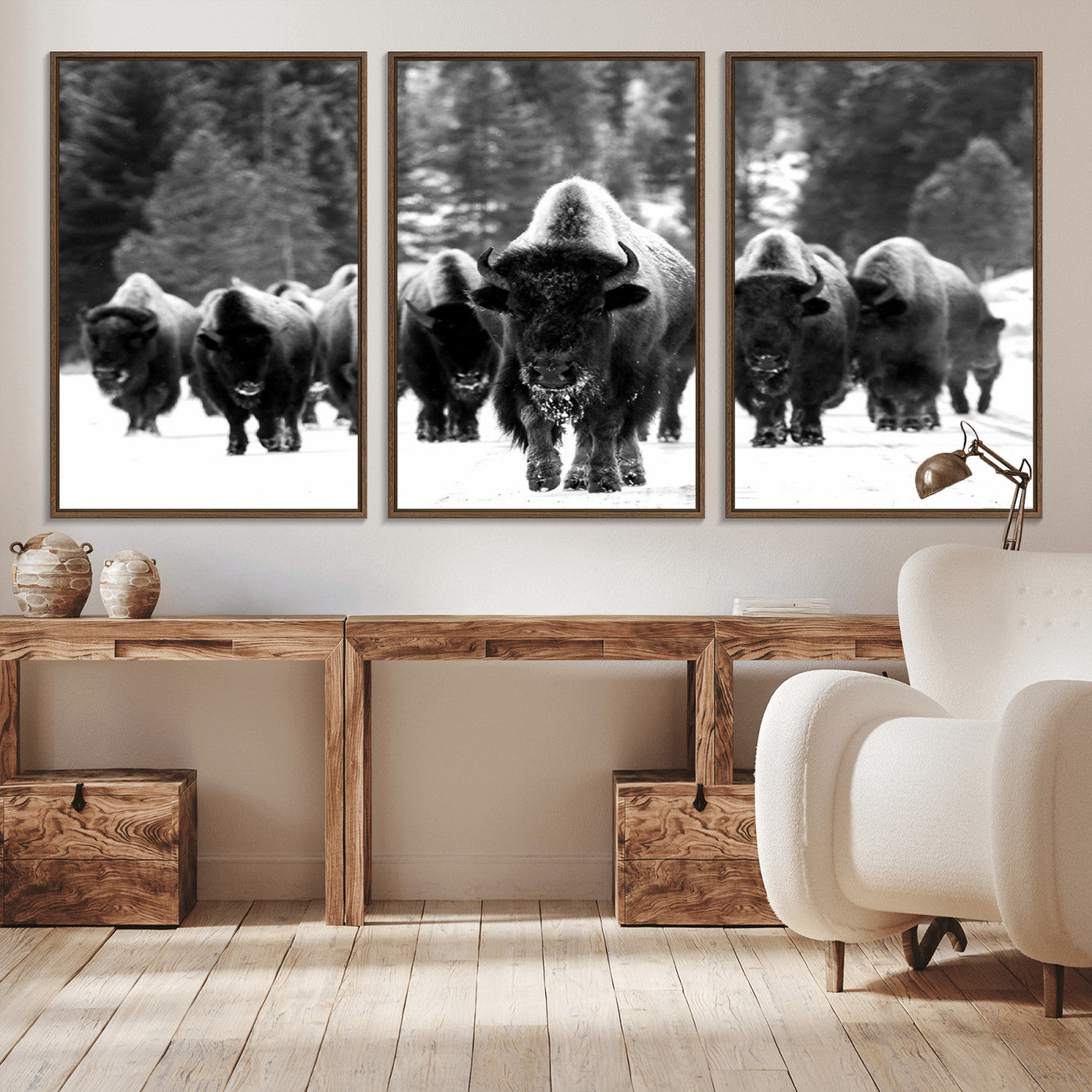 62434-MGV-CV-36X24-Bison Herd in Snow Wall Art Canvas Print | Rustic Western Bison Wall Art for Decor for Living Room,