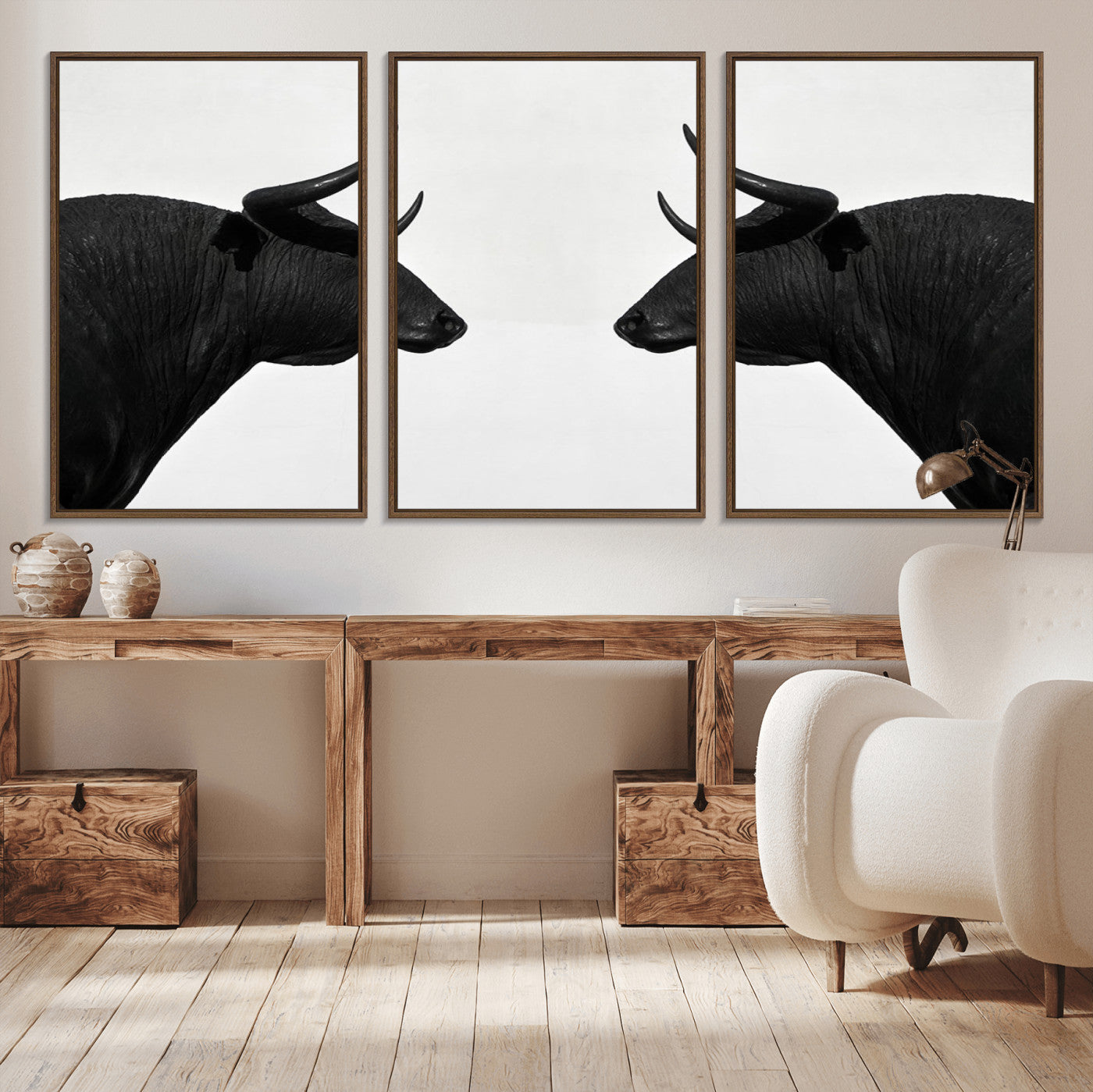-Spanish Bull Art - Framed Black and White Bull Canvas Print for Modern Rustic Home or Office Decor