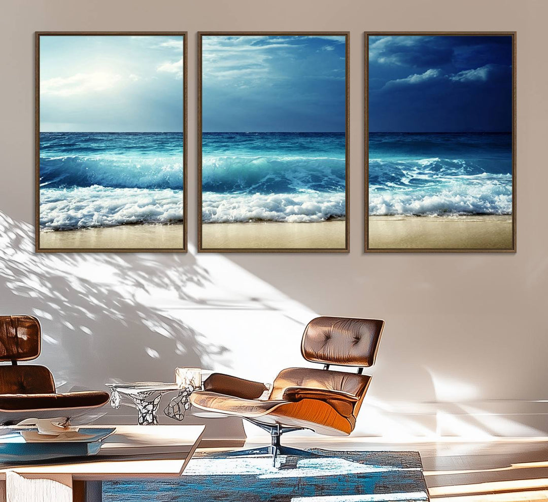 The Majestic Ocean Wave Wall Art Canvas, a 3-panel seascape print, is featured prominently.