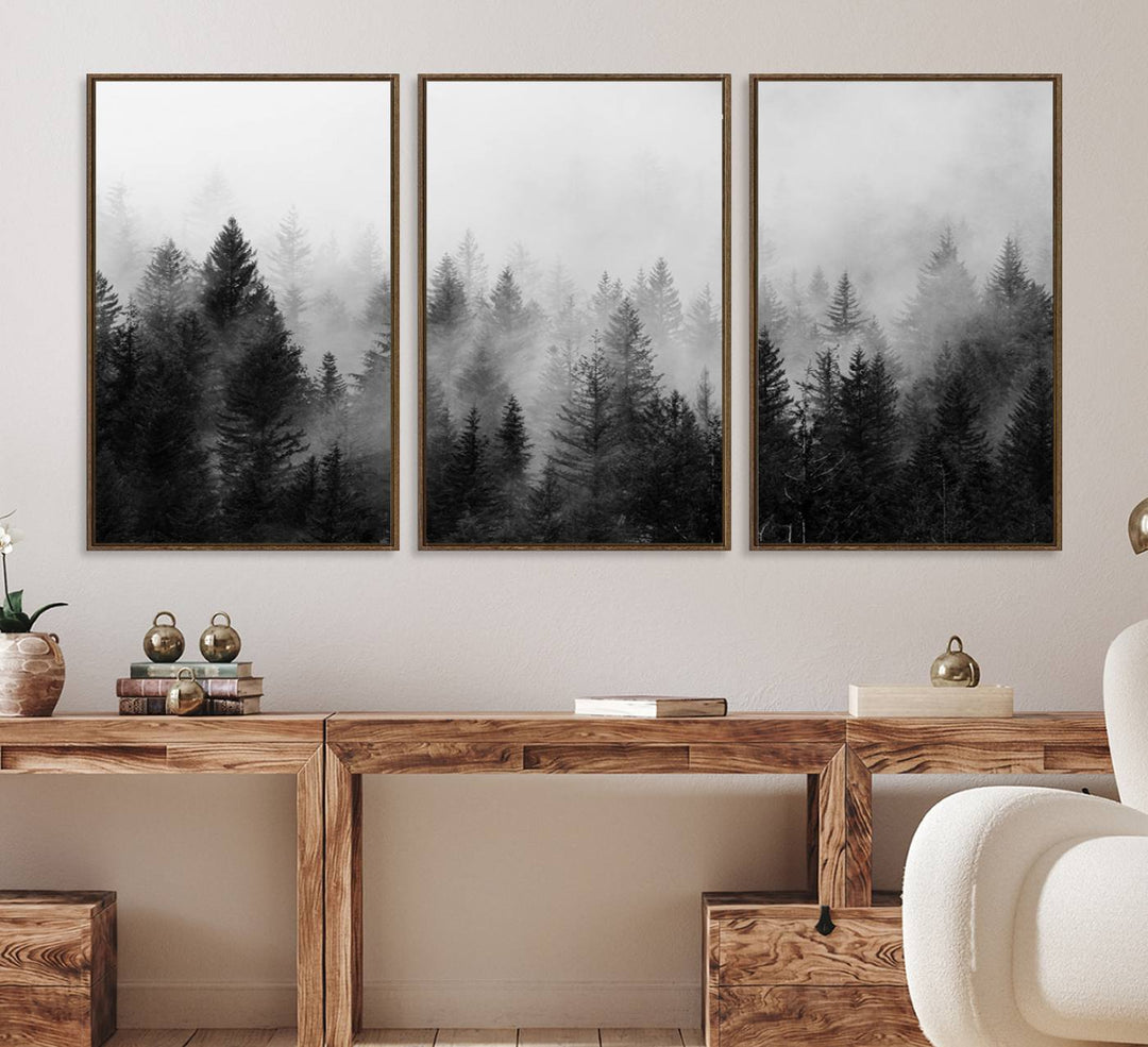 Black and white canvas art depicts a misty pine forest, offering a dense landscape that appeals to nature and woodland art lovers.