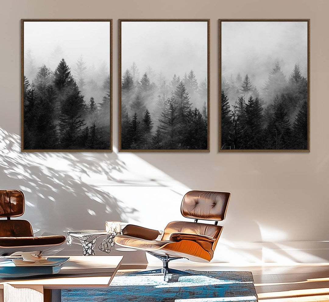 The Foggy B&W Forest Wall Art, featuring pine trees, enhances the minimalist kitchen ambiance.