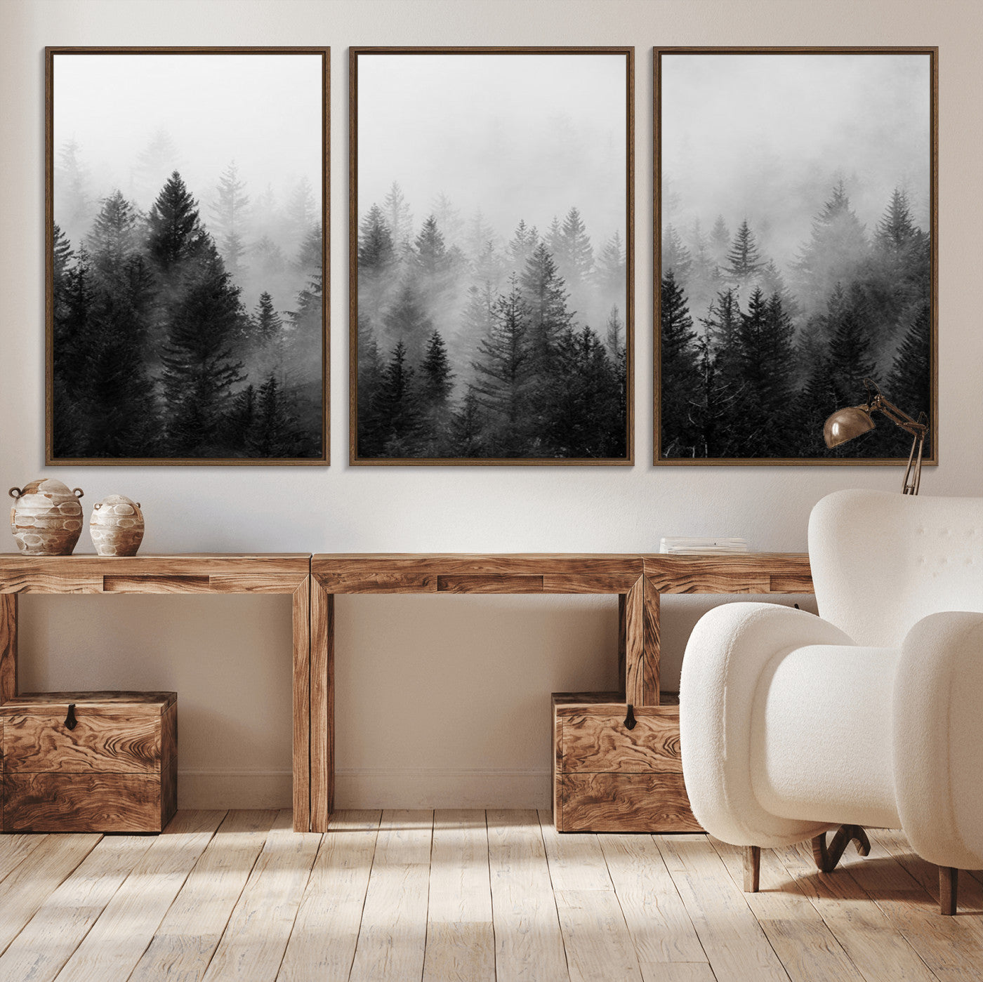MGV-FC-60X30-3P - Foggy Black and White Forest Canvas Wall Art, 3 Panel Misty Pine Trees Canvas Print for Living Room,