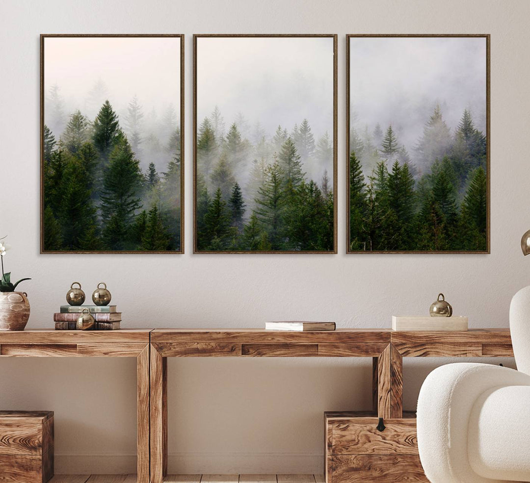 A serene, foggy evergreen forest creates a mysterious atmosphere, ideal for premium canvas wall art.