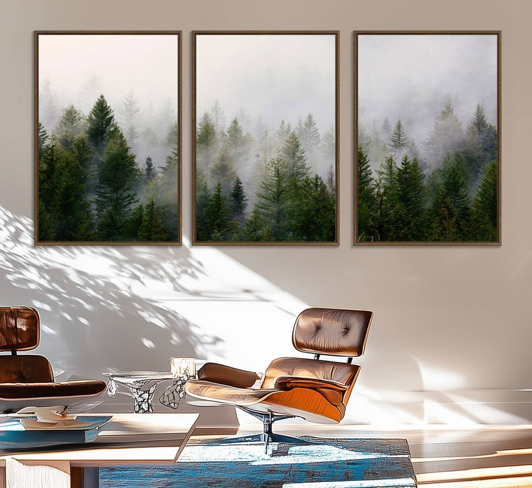 Misty Pine Forest Canvas Print serves as a foggy forest decor piece in the kitchen.