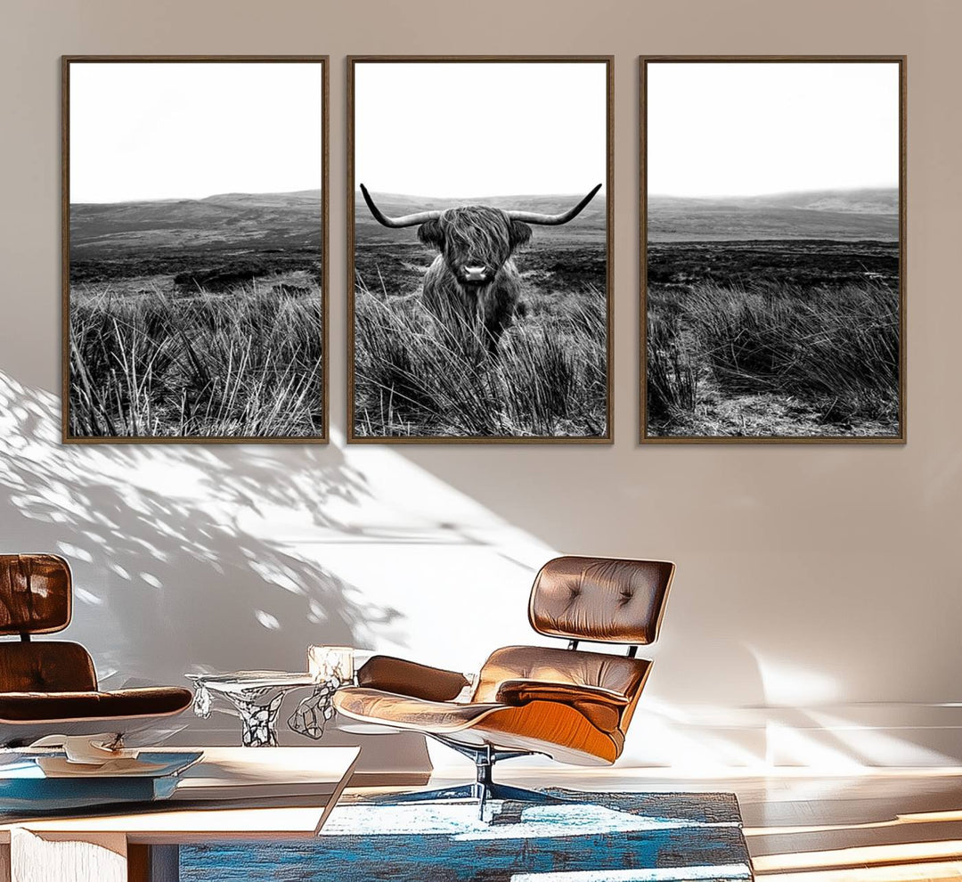 Dining room featuring a Black and White Highland Cow Canvas for a Western-themed decor.