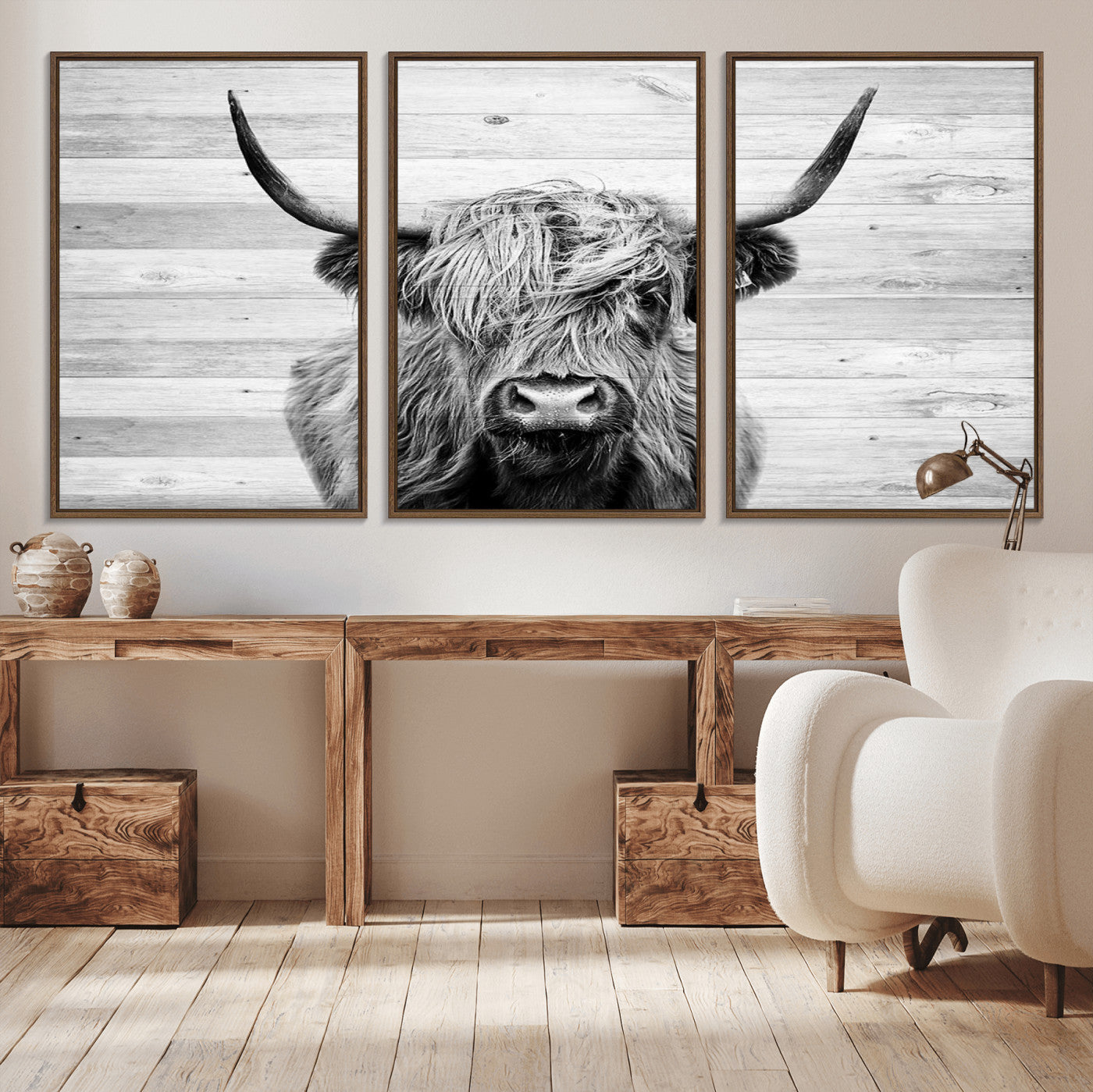 14634-MGV-CV-36X24-Scottish Highland Cow Cattle Art Print on Wood Background Style, Scottish Highland Cow Wall Art