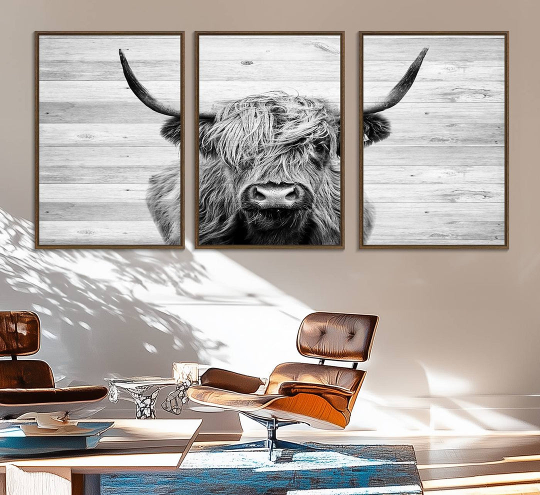 Scottish Highland Cow Cattle Art adds rustic farmhouse charm to the space.