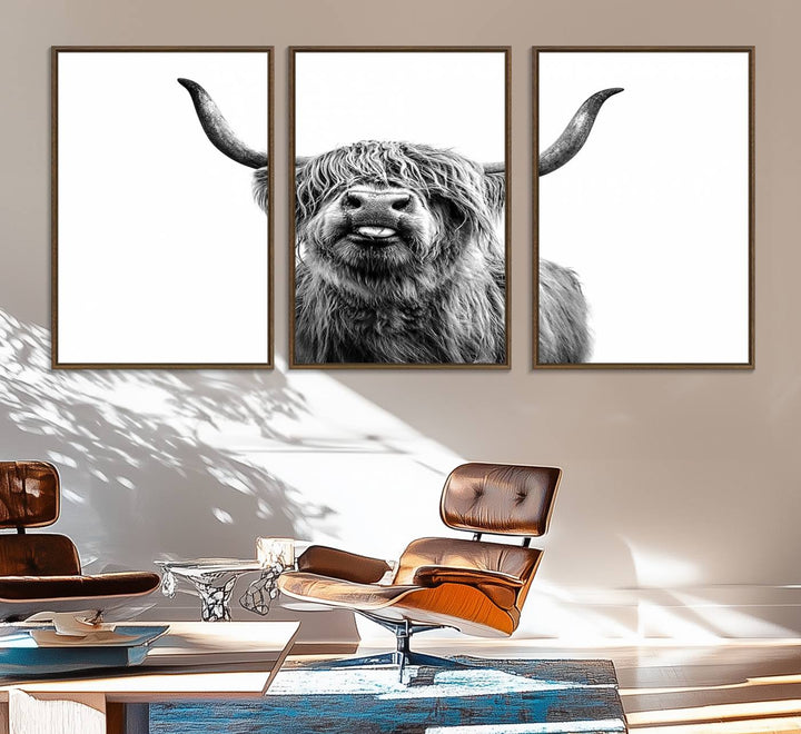 The Fanny Highland Cow art print decorates the modern kitchen, featured in black and white.