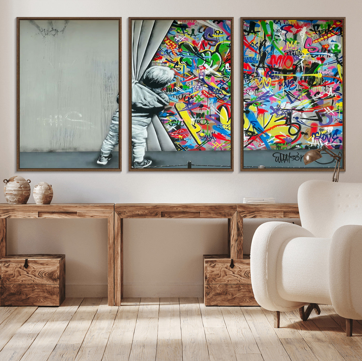 51713-MGV-FC-60X30-3P_Walnut-Banksy Colorful Street Graffiti Canvas Wall Art Print, Modern Art Triptych, Child and Graffiti Wall,