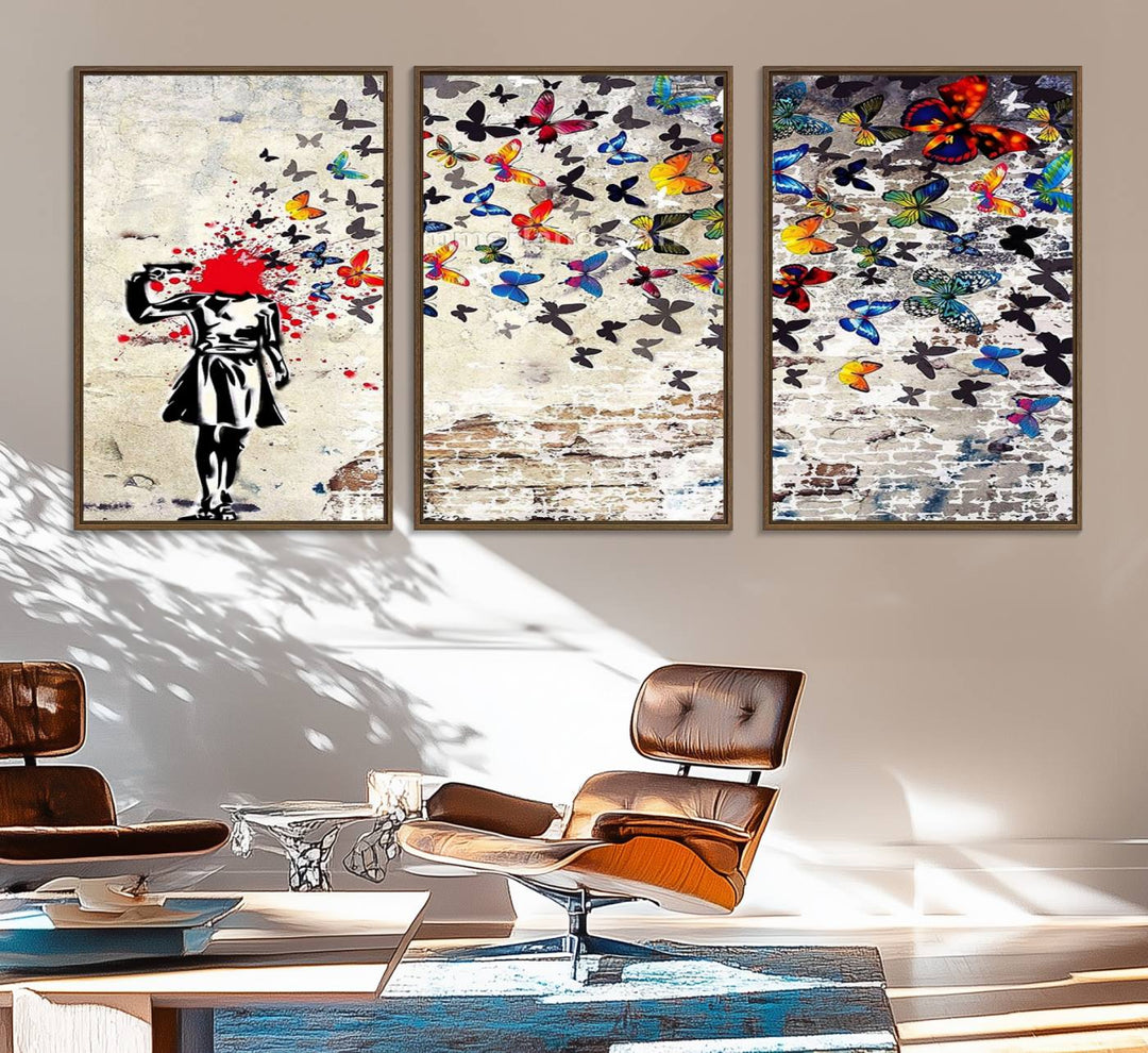 Banksy Art Butterfly Girl Explosion: Vibrant urban graffiti canvas for modern interiors, ready to hang.