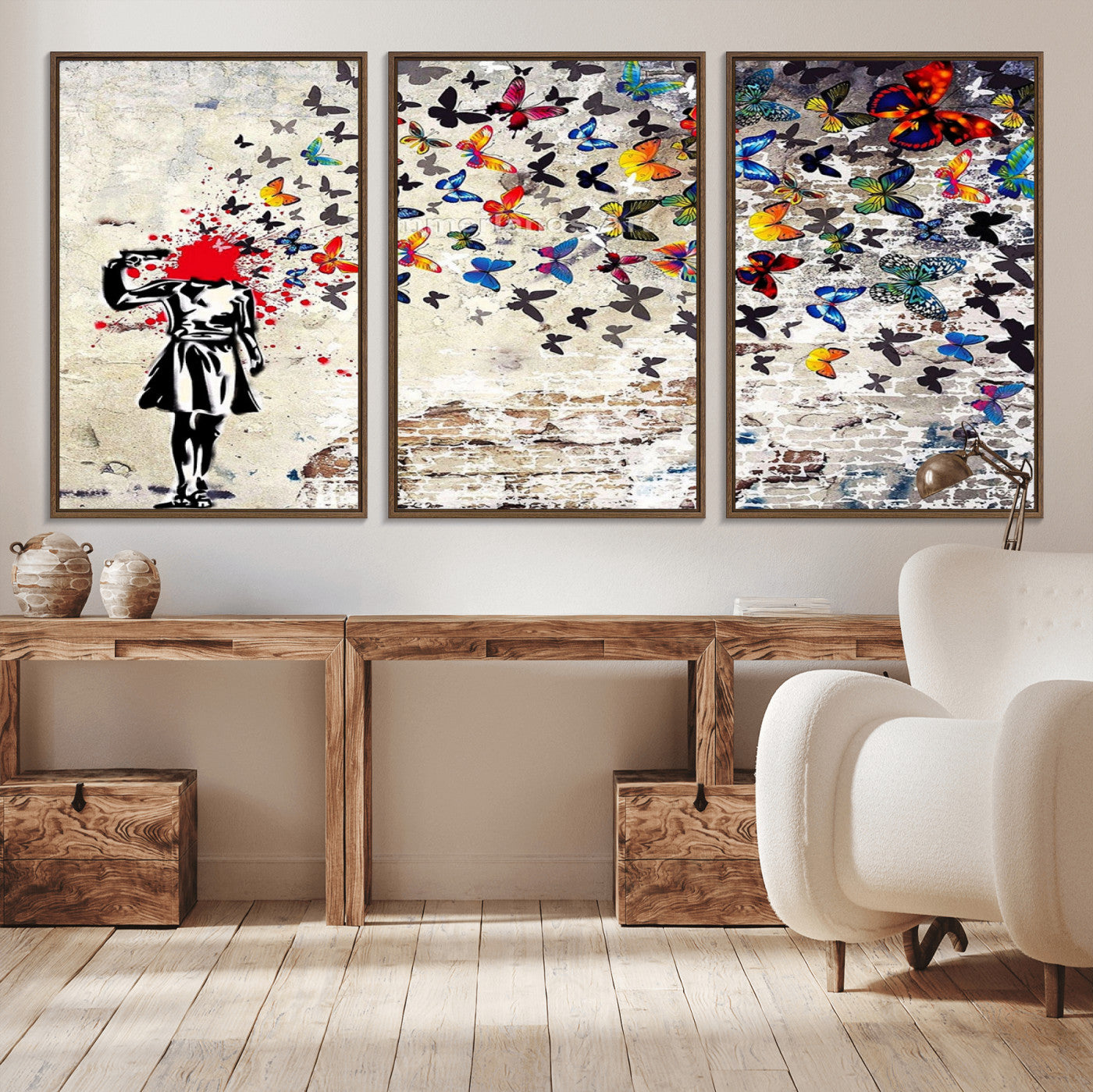 MGV-FC-60X30-3P - Banksy Art Butterfly Girl Explosion Canvas Art – Vibrant Urban Graffiti for Modern Interiors - Ready