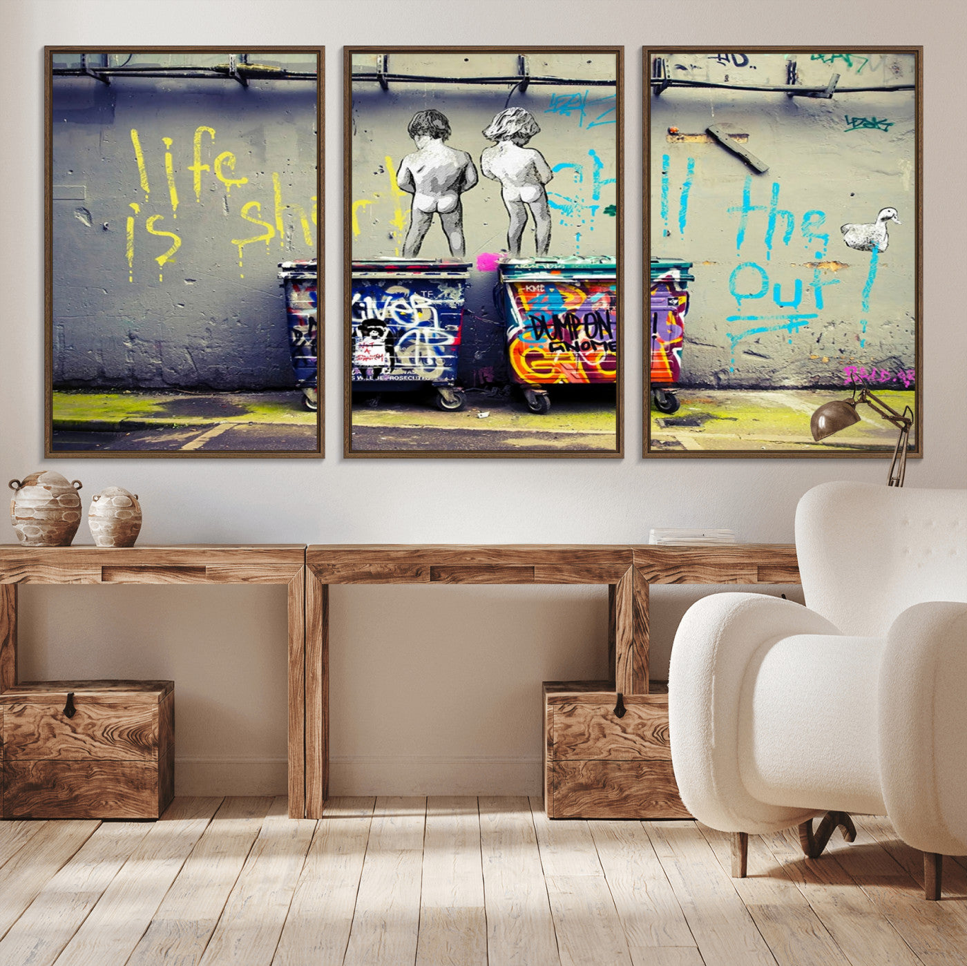 MGV-FC-60X30-3P - Banksy Life is Short Wall Art - Iconic Graffiti Art on Framed Ready-to-Hang Canvas - Street Art