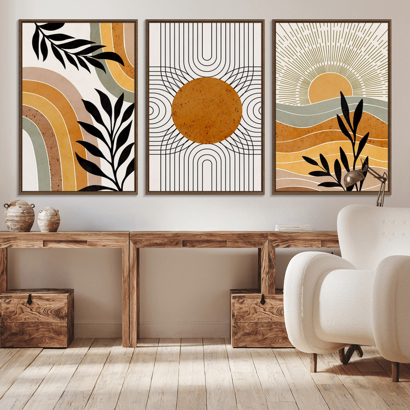 MGV-FC-60X30-3P - Modern Boho Sun and Leaf Abstract Art – 3-Panel Giclée Canvas for Mid-Century Modern or Bohemian Wall Decor