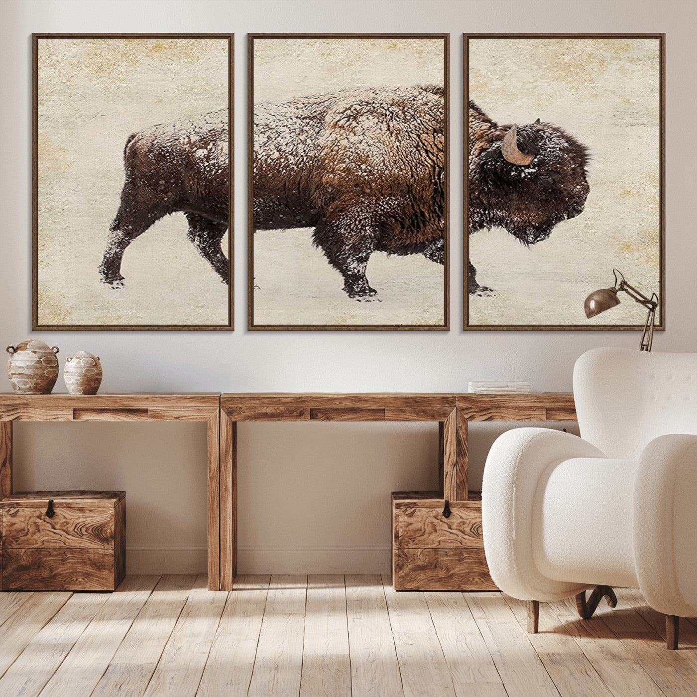 MGV-FC-60X30-3P - Buffalo Wall Art, Western Bison Canvas Print, Rustic Buffalo Art for Cowboy Western Decor, Large Multi-Panel Giclee Canvas for Farmhouse Wall Decor