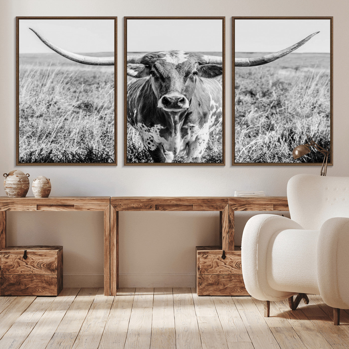 MGV-FC-60X30-3P - Texas Cow Longhorn Wall Art Canvas Print for Farm House Wall Decor, Farmhouse Wall Art Print