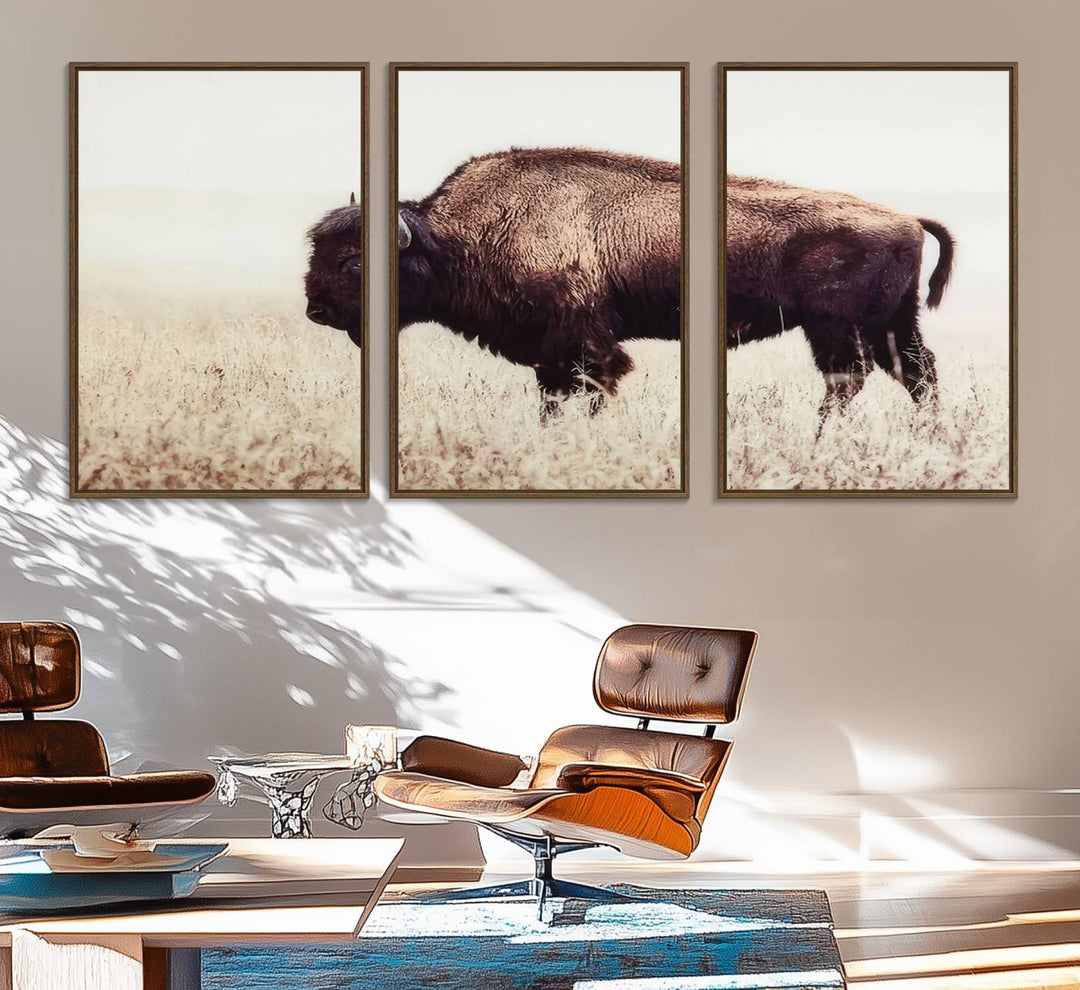 The dining room showcases the Bison in Field canvas print.