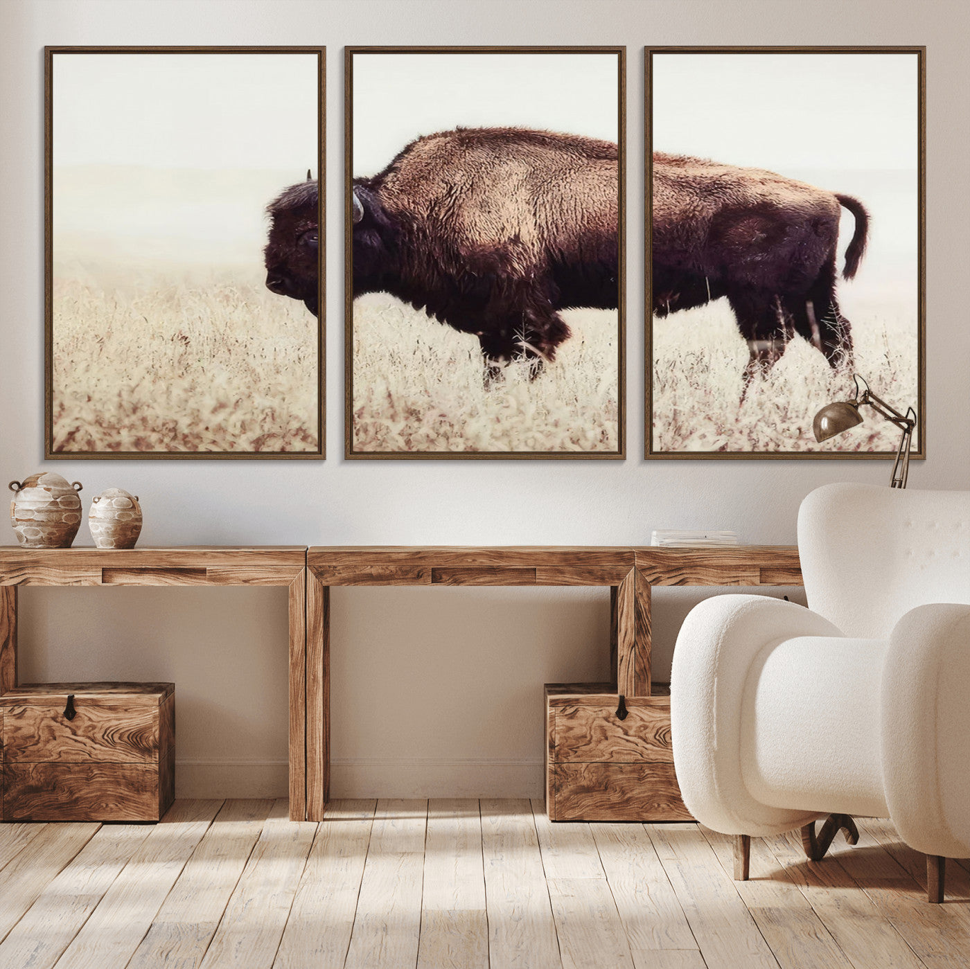 MGV-FC-60X30-3P - Bison in Field Wall Art Canvas Print For Farmhouse Barn Decor