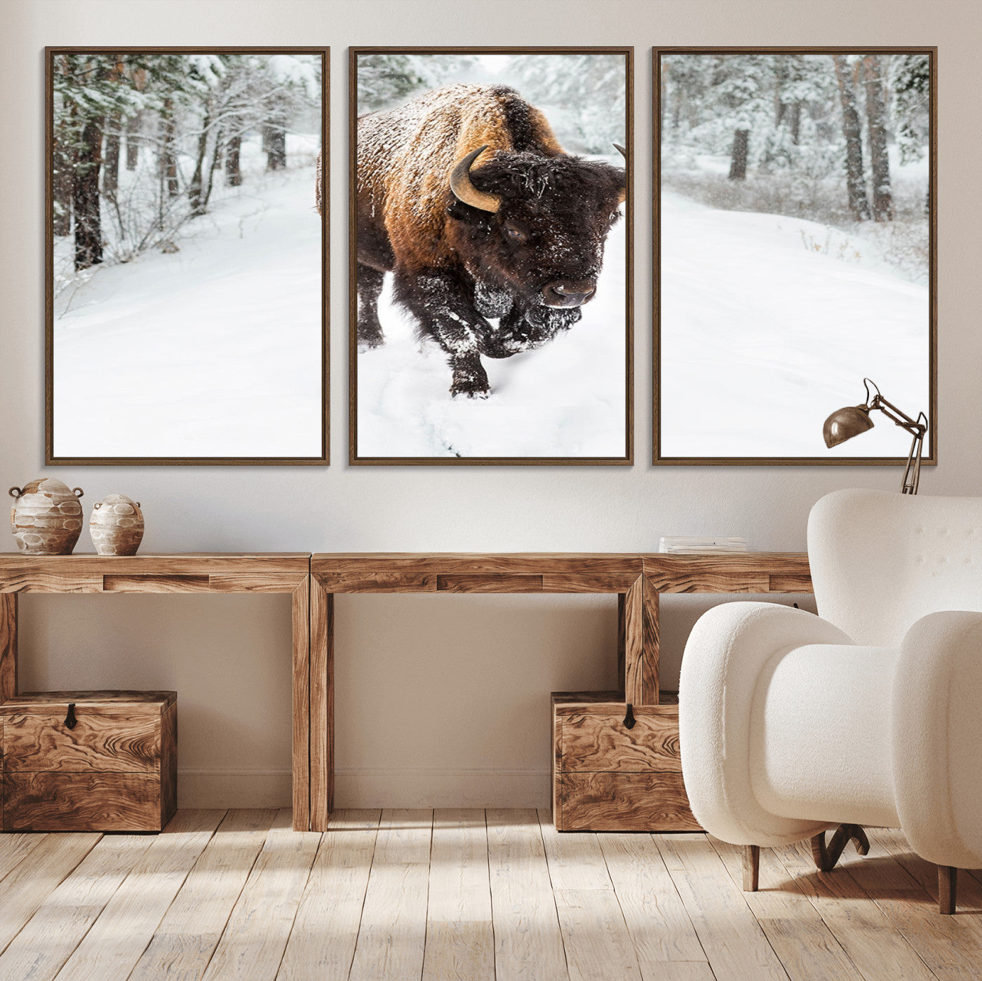 MGV-FC-60X30-3P - Bison Wall Art Canvas Print For Farmhouse, Animal Canvas Print, Wild Animal Wall Art