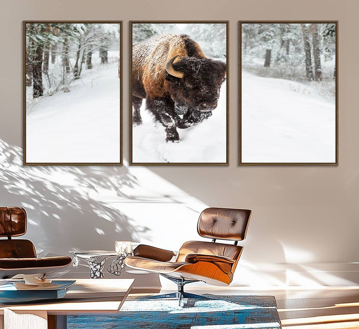 The dining area showcases the Bison Wall Art Canvas Print for Farmhouse.