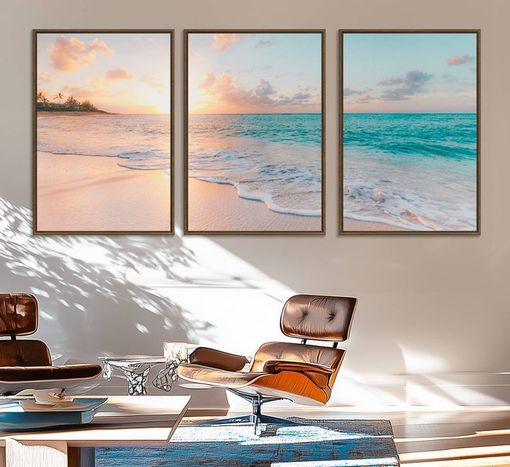 The kitchen features the Beach Sunrise Wall Art, Coastal Sunset Beach Scene.