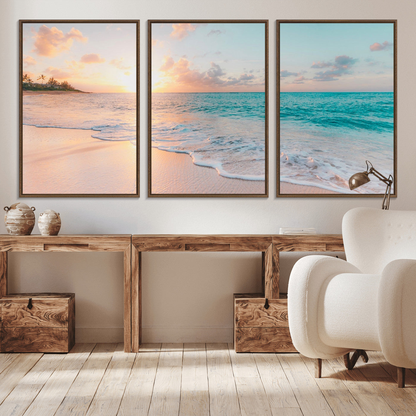 MGV-FC-60X30-3P - Beach Sunrise Wall Art, Coastal Seascape Canvas Print, Ocean Wave Multi-Panel Giclee, Coastal Sunset