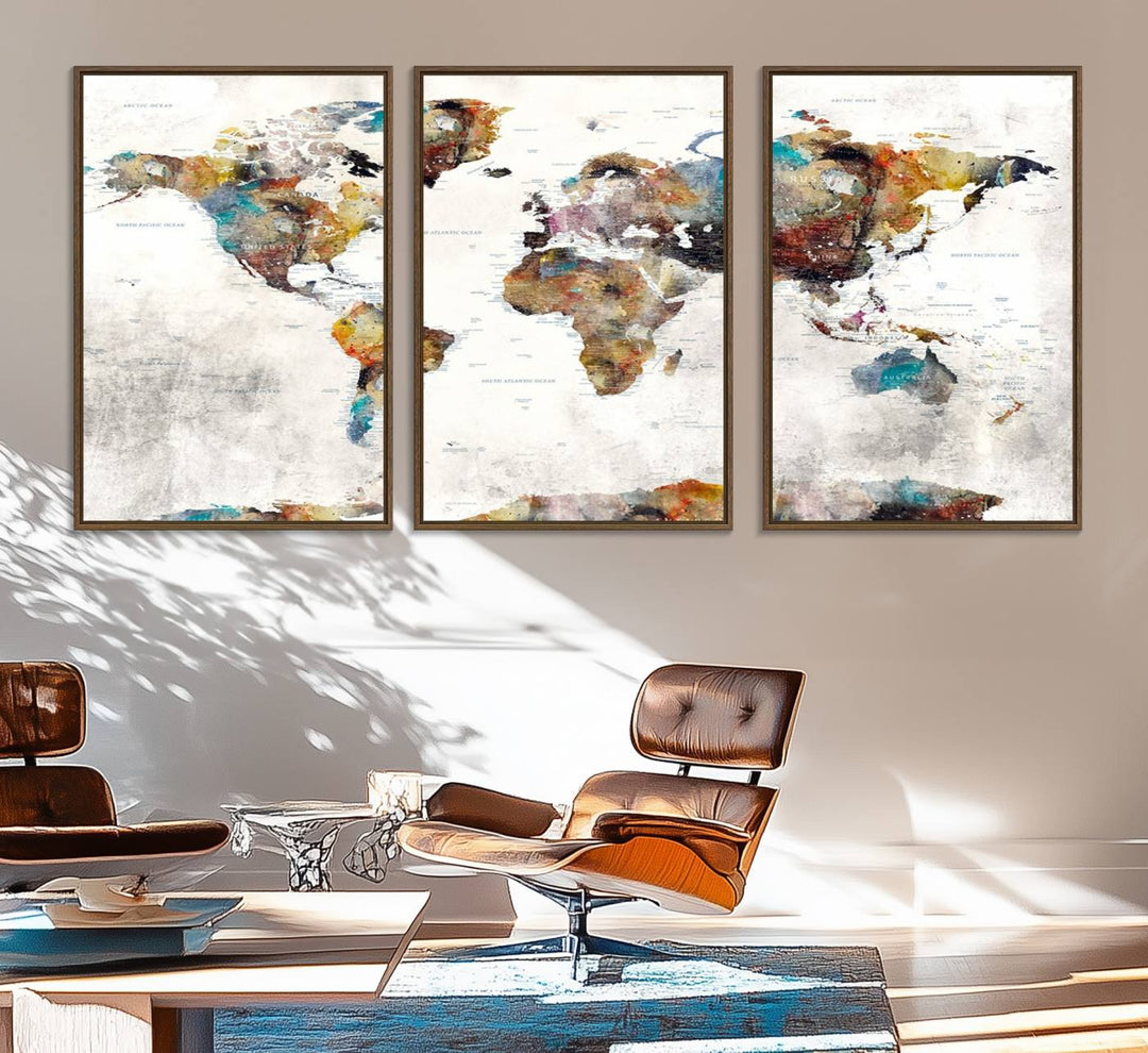 The Colorful World Map Wall Art Canvas Print adds vibrance to the space, ideal for geography lovers.