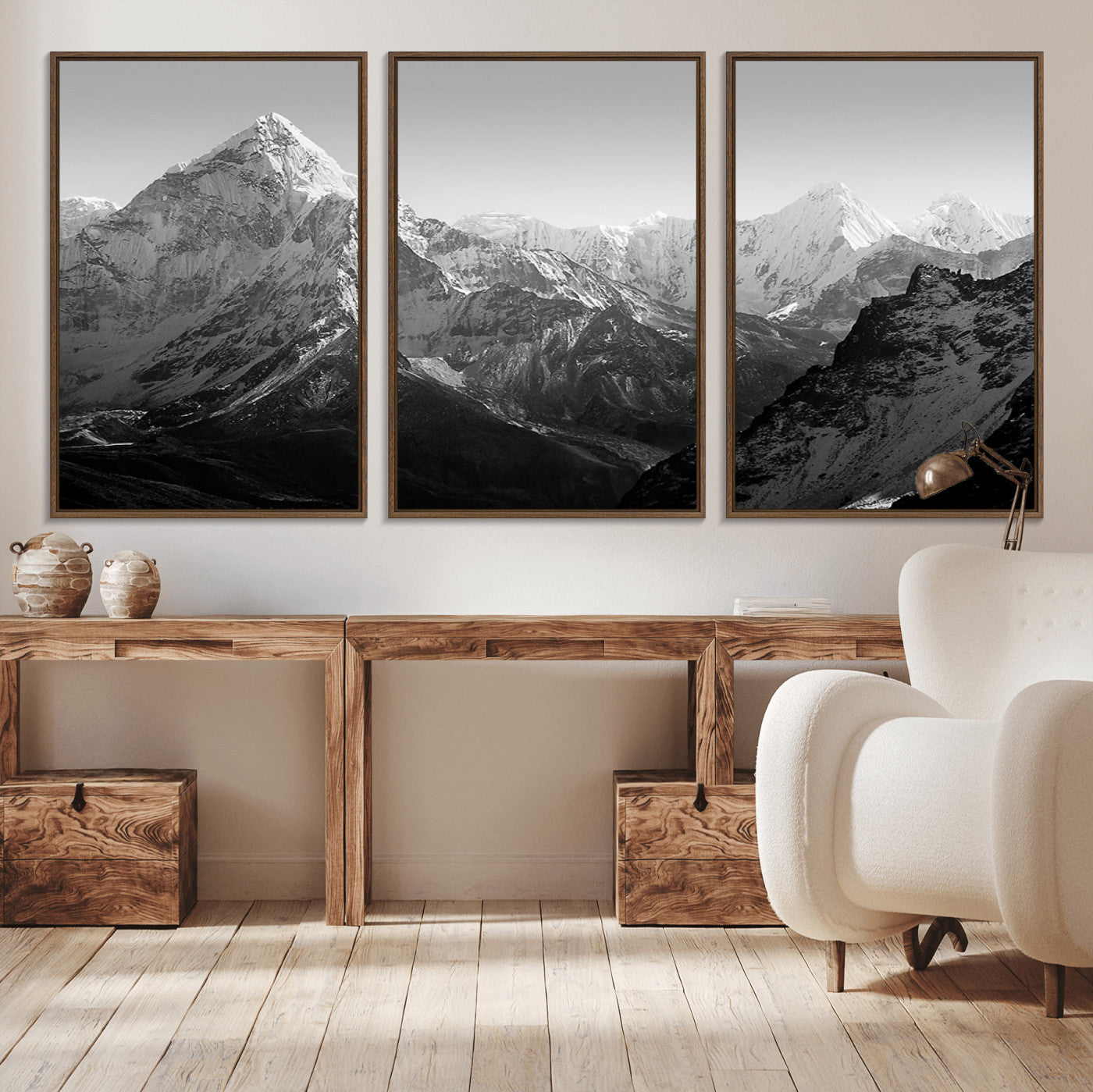 MGV-FC-60X30-3P - Everest Himalaya Mountain Peaks Black & White Triptych Canvas Art – Mountain Wall Decor, Everest