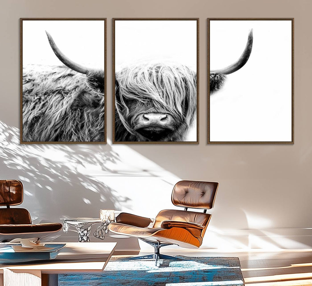 Framed Black and White Scottish Highland Cow Art Print.