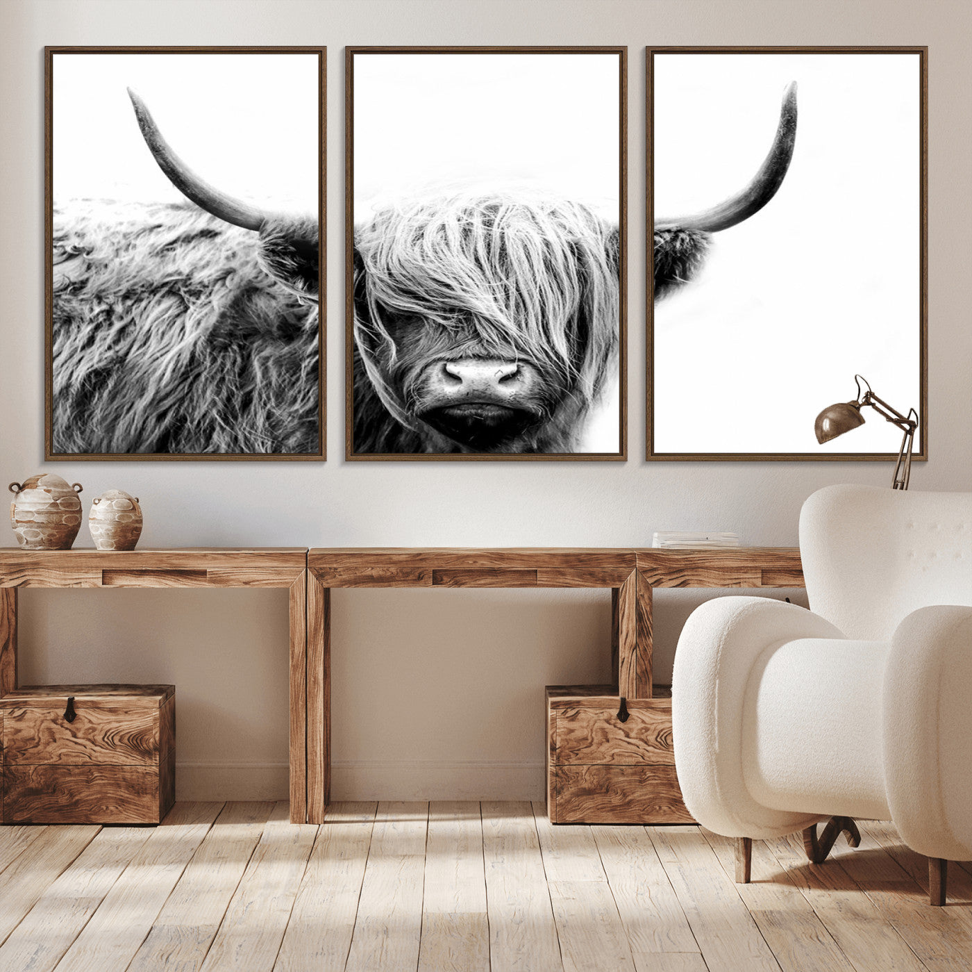 MGV-FC-60X30-3P - Black White Scottish Highland Cow Cattle Art Print Farmhouse Wall Art Canvas Print