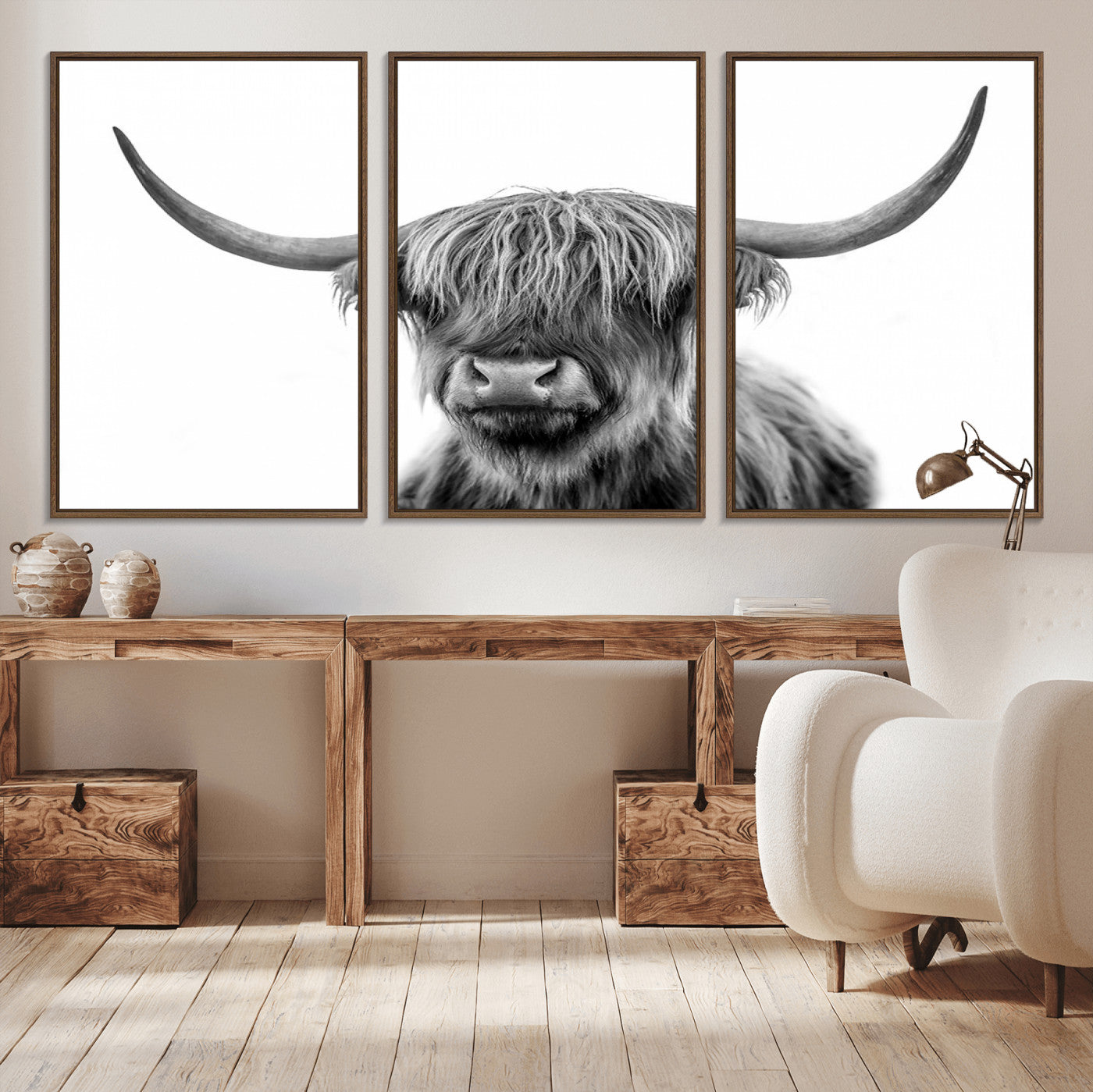 -Grayscale Scottish Highland Cow Cattle Art Print Farmhouse Wall Art Canvas Print
