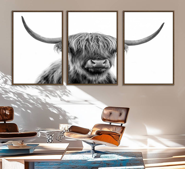 A Scottish Highland Cow Art Canvas adds charm to the farmhouse decor.