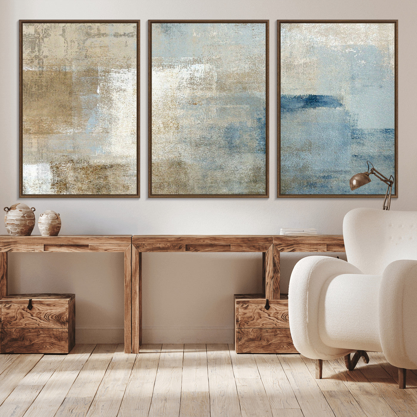 MGV-FC-60X30-3P - Abstract Blue and Beige Wall Art, Modern Minimalist Canvas Print Set, Giclee Textured Art, Large