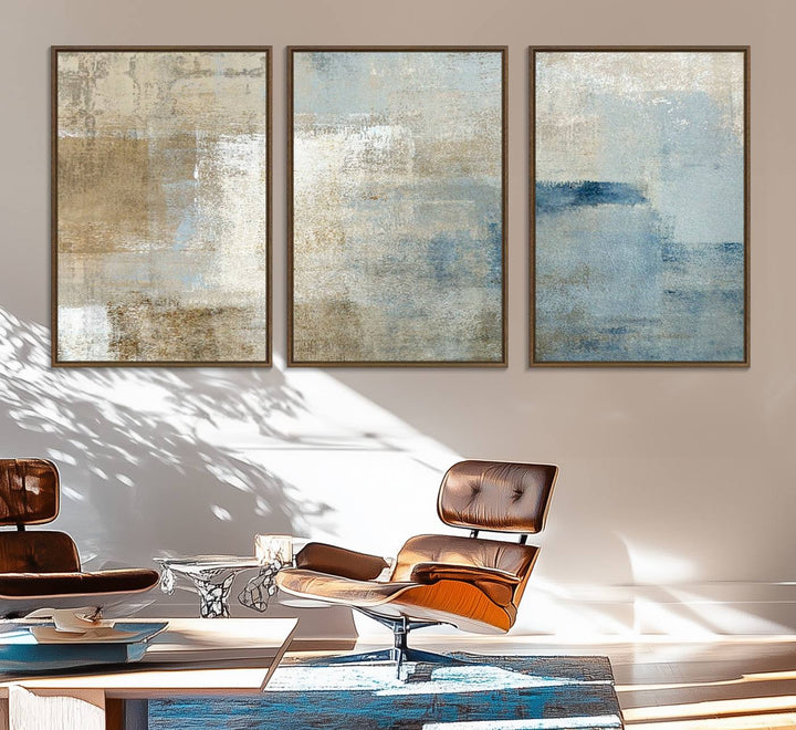 Abstract Blue and Beige Wall Art canvas print set with a modern minimalist aesthetic.