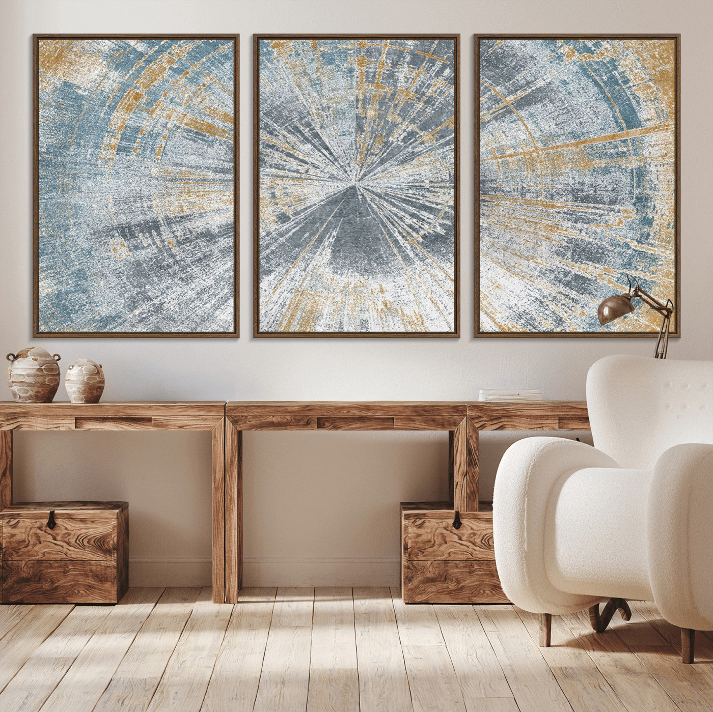 17631-MGV-CV-36X24-Radiant Abstract Wood Rings Canvas Art – Modern Triptych Wall Decor for Living Room or Farmhouse