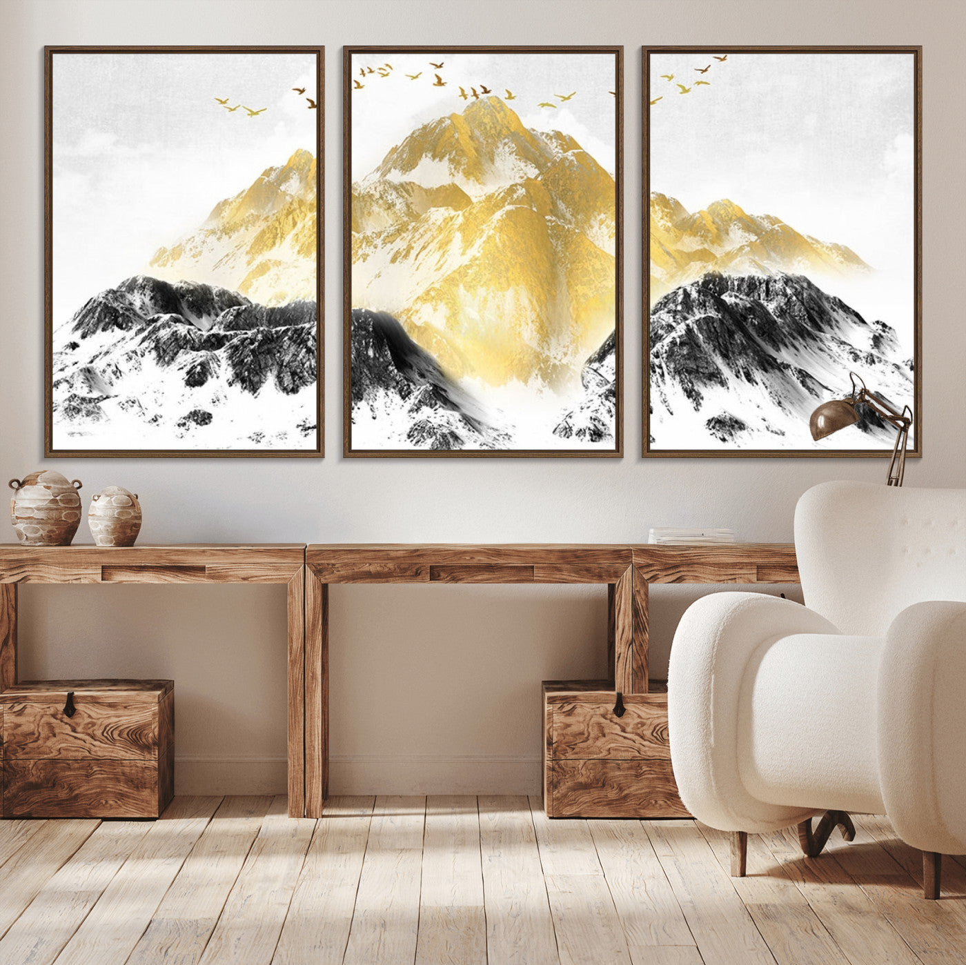 -Golden Mountain Triptych Wall Art Canvas Print, Modern Giclee Canvas Print, Nature Landscape Decor