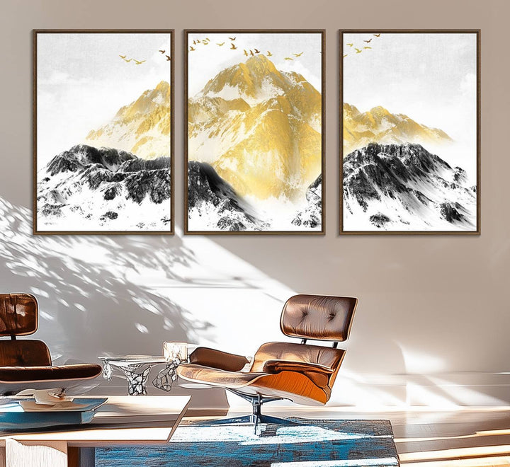 Golden Mountain Triptych Wall Art features gold-tinted mountains and birds.