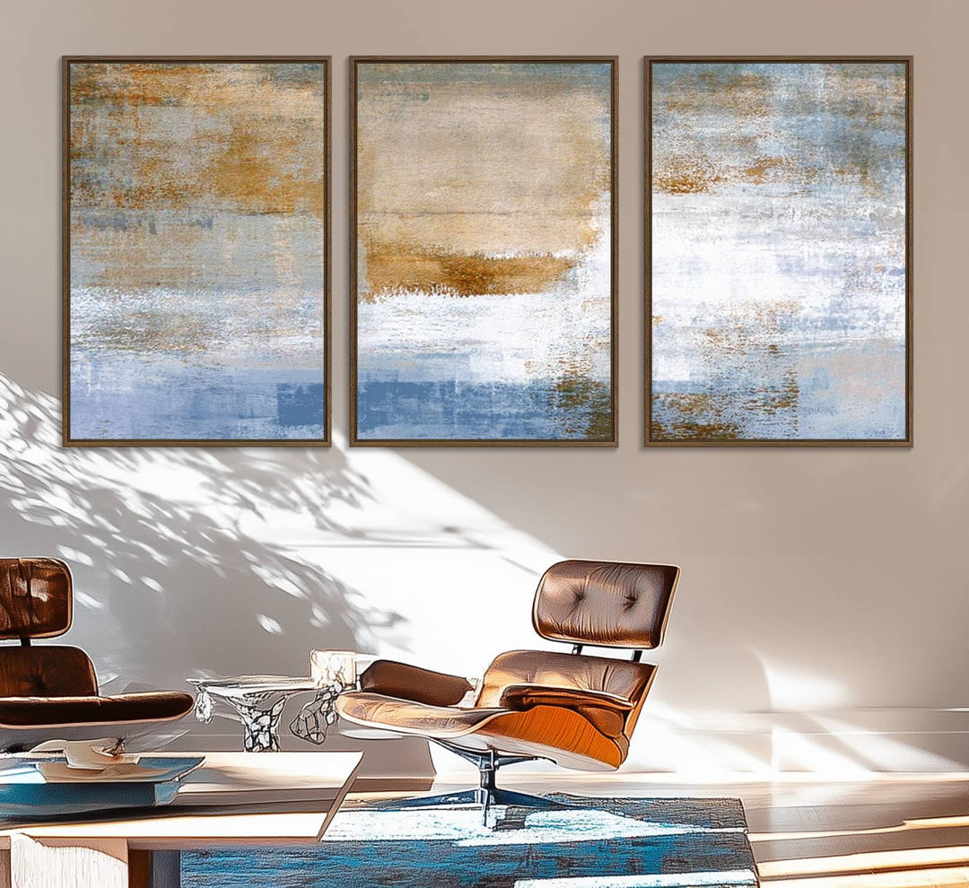 Blue Multi Panel Abstract Wall Art Canvas Print.