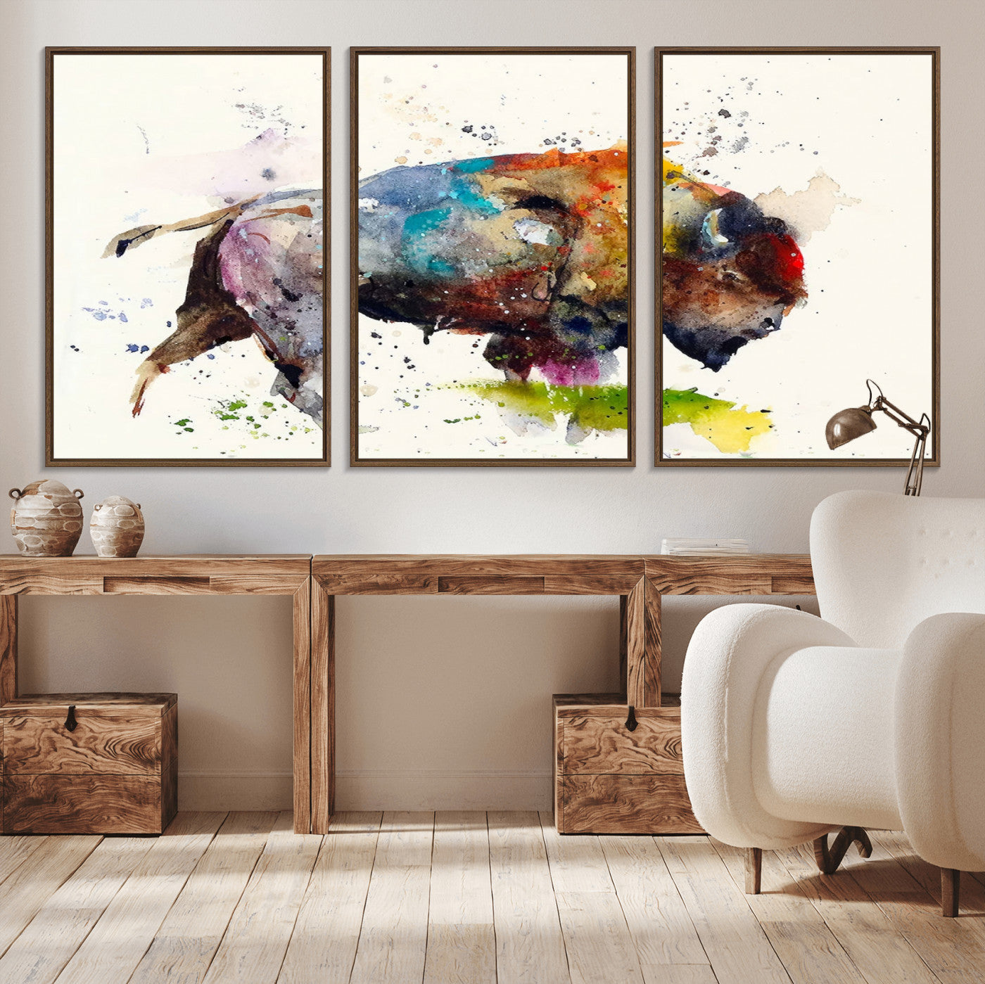 MGV-FC-60X30-3P - Abstract Buffalo Wall Art, Western Watercolor Bison Canvas Print, Rustic Buffalo Art for Cowboy and Western Decor, Large Multi-Panel Giclee Canvas
