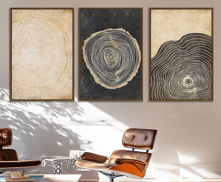 Tree Rings Canvas Wall Art Print hangs prominently in a modern kitchen.