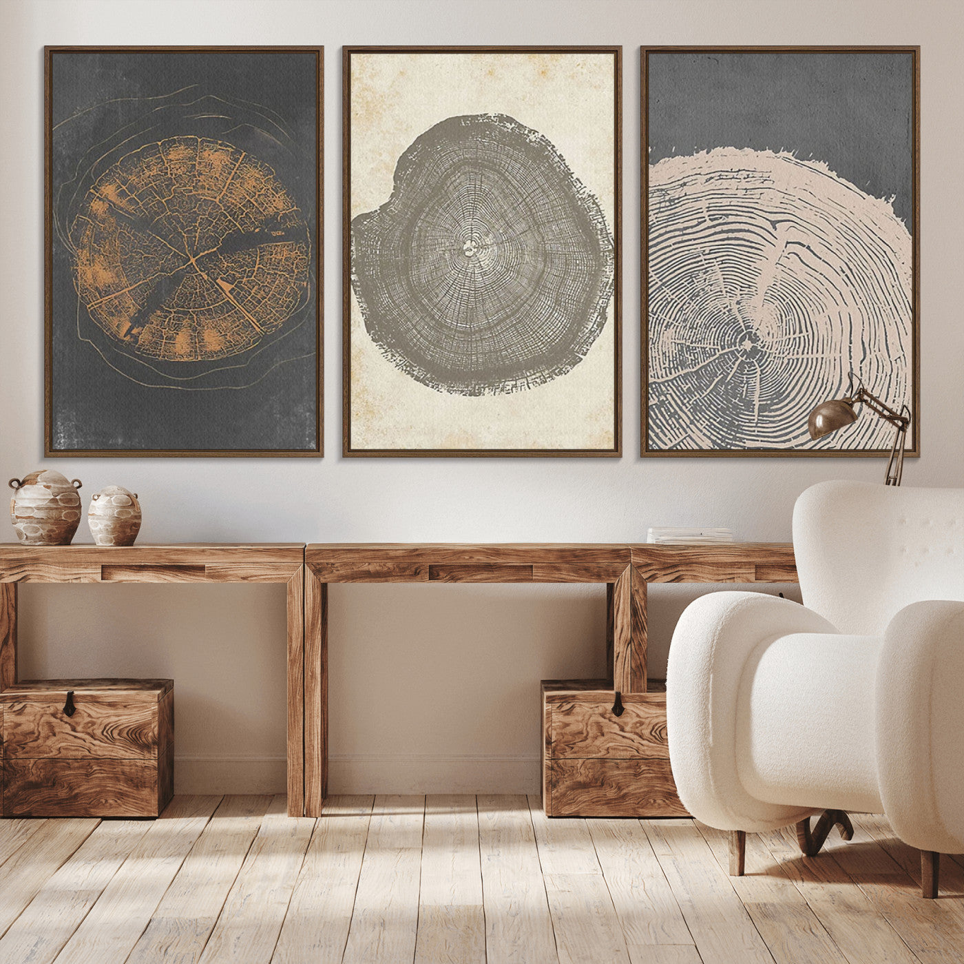 MGV-FC-60X30-3P - Boho Tree Ring Wall Art, Modern Minimalist Wood Grain Canvas, Tree Slice for Rustic Decor, Farmhouse