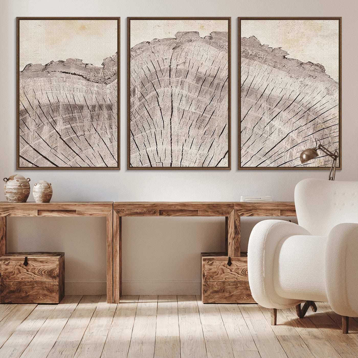 MGV-FC-60X30-3P - Tree Ring Wall Art Triptych, Rustic Wood Ring Canvas Print, Minimalist Wall Decor for Modern Homes