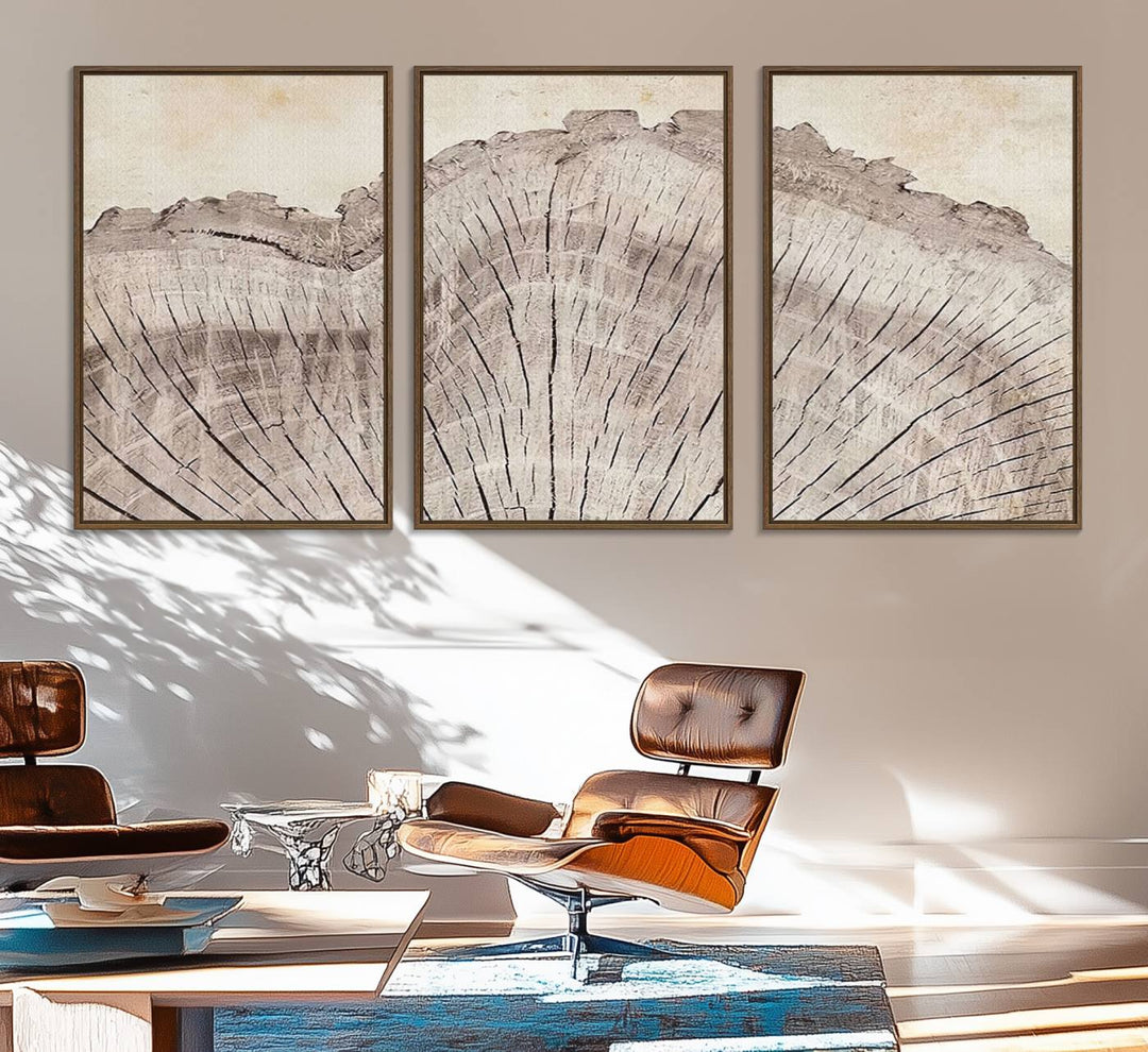 The dining area features a Tree Ring Wall Art Triptych.