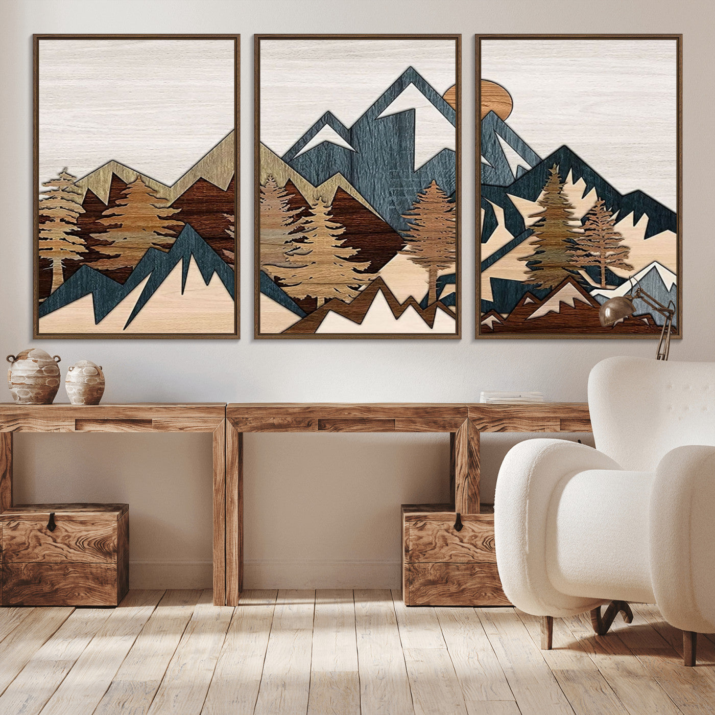 67950-MGV-CV-36X24-Woodland Mountain Landscape Triptych, Giclee Canvas Art for Modern Home, Rustic Wooden Nature Wall