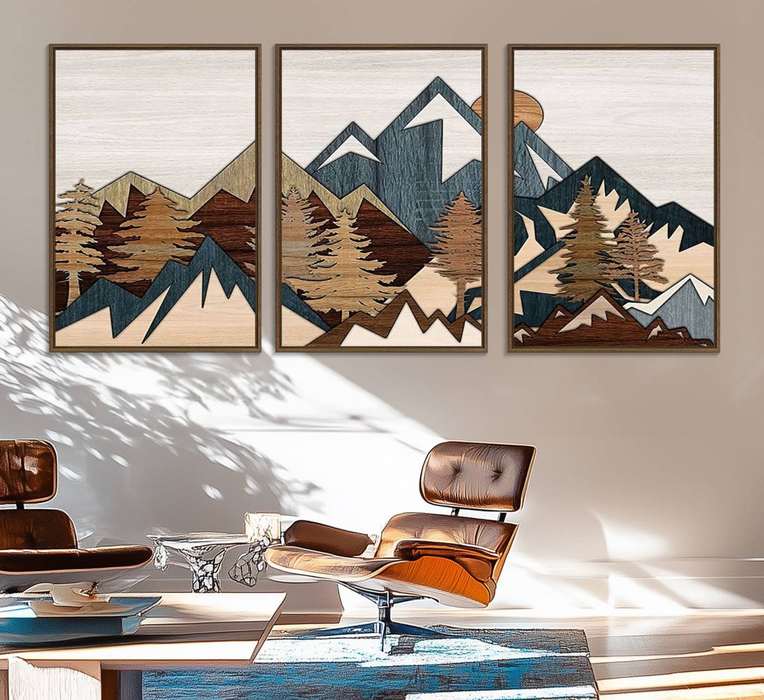 A Woodland Mountain Landscape Triptych serves as the centerpiece of the rustic decor.