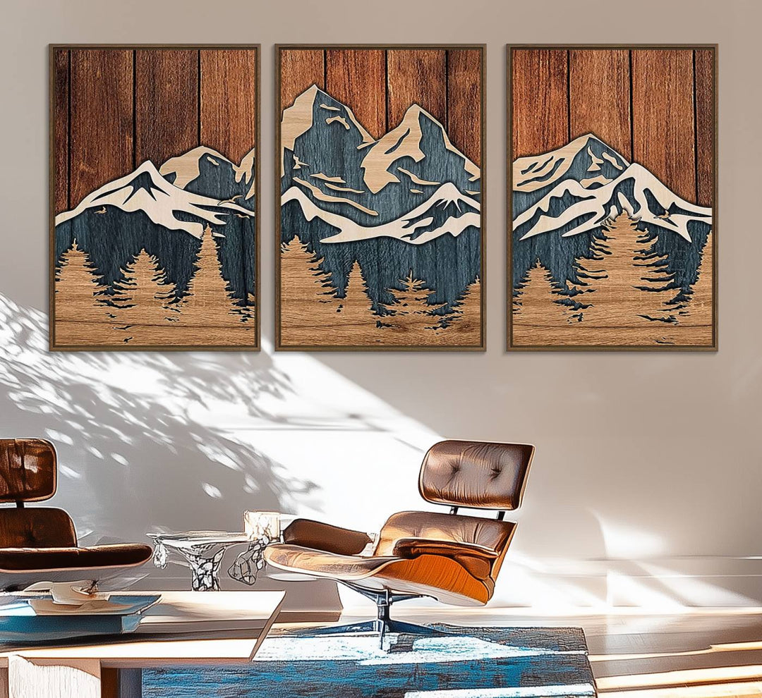 Rustic Wood Style Mountain Wall Art hangs on the wall.