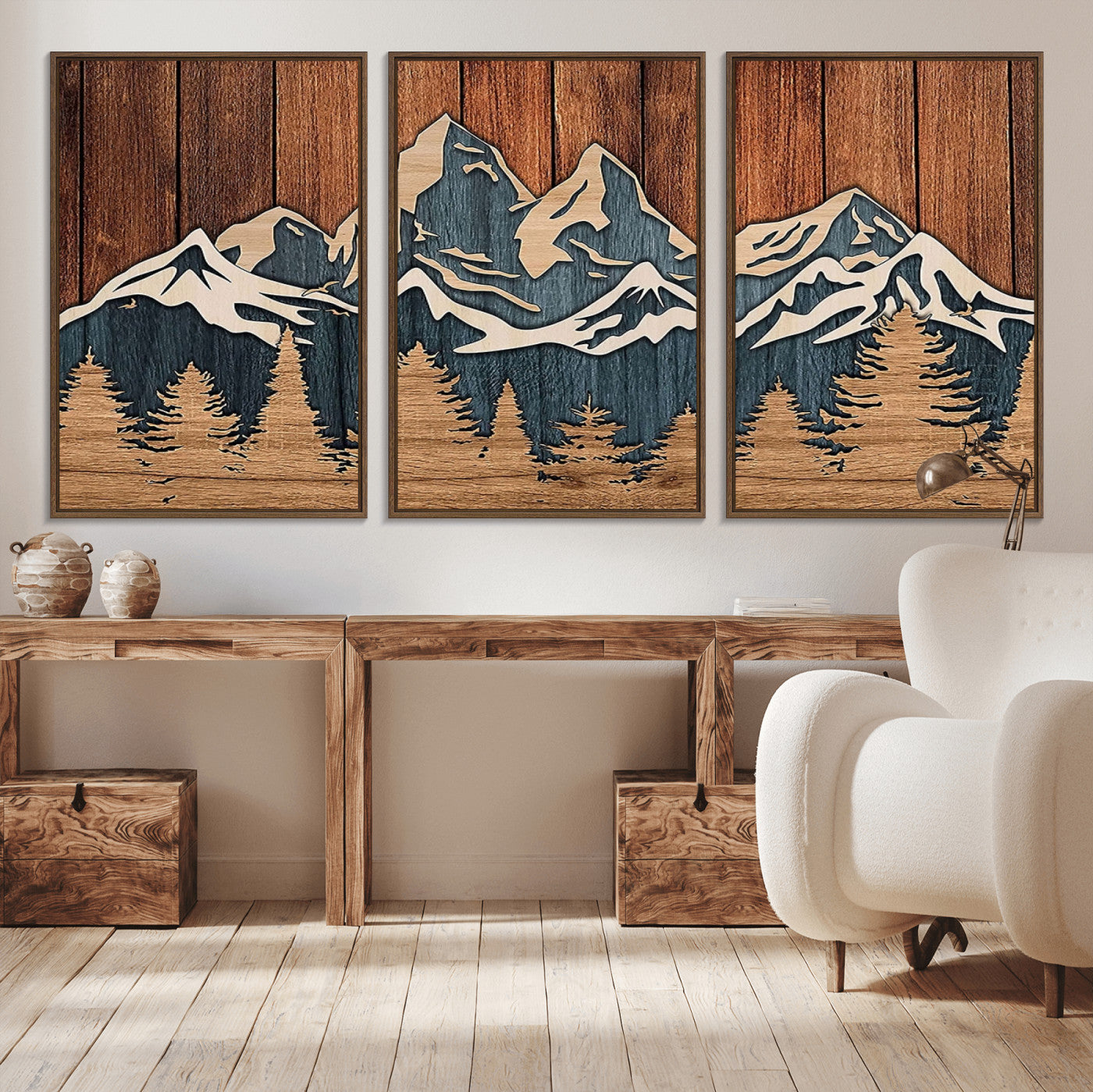 MGV-FC-60X30-3P - Rustic Wood Style Mountain Wall Art, Nature Forest Canvas Print, Wooden Textured Mountain Artwork, Handcrafted Landscape Decor for Farmhouse Decor